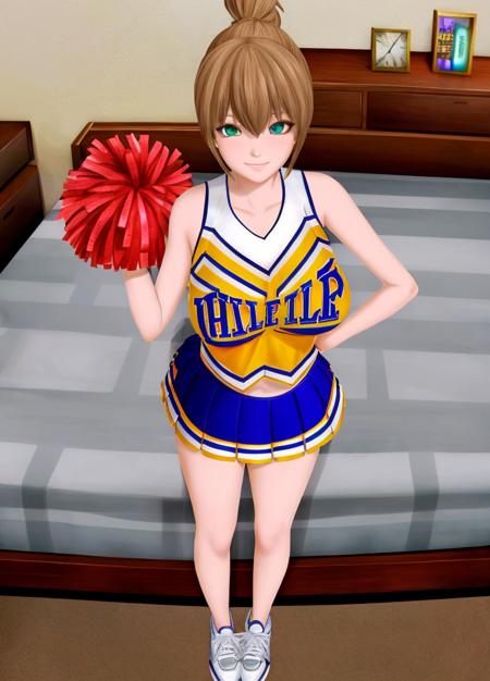 <lora:Harem_Hotel_Emma-30:0.6>, Harem_Hotel_Emma, 1girl, bedroom, green eyes, breasts, brown hair, cheerleader, large breasts, pillow, pom pom (cheerleading), ponytail, skirt, smile, solo