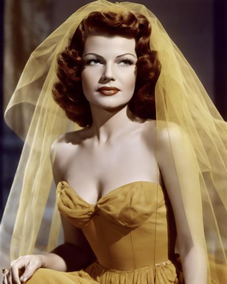 ritahayworth <lora:ritahayworth:0.6>, Best quality, masterpiece, ultra high res, (photorealistic:1.4), 1girl, a woman in a yellow dress with a veil on her head and a hand on her hip, sitting down