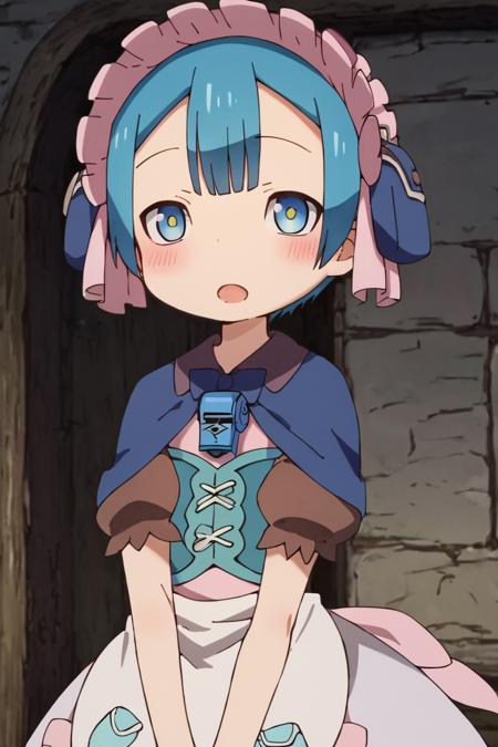 Marulk,blue hair, blue eyes,short hair, blue capelet,dress,apron,corset, hairband,maid headdress, whistle around neck,whistle, holding umbrella,