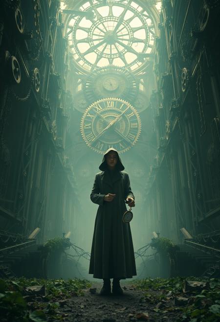 Create a hauntingly beautiful scene of a vast, abandoned clockwork cathedral, with intricate gears and mechanisms stretching up towards the sky like a mechanical forest. In the center of the image, a lone figure stands amidst the clockwork, surrounded by a halo of soft, pulsing light. The figure is dressed in a long, flowing coat with a hood, and is holding a delicate, antique-style pocket watch in one hand. The clockwork is covered in a thick layer of dust and vines, and the air is filled with the faint scent of old oil and decay. The figure is a representation of the collective memory of humanity, with a face that is a composite of countless faces and eyes that are black holes of forgotten knowledge. Style: surreal, industrial, mystical. Colors: muted, industrial, glowing. Highest-Quality, 4k