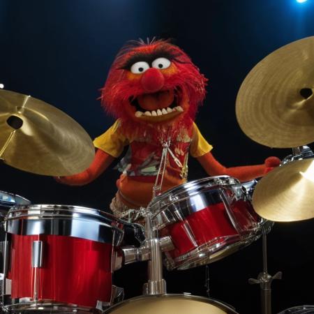 ((( a man playing drums)))<lora:TheAnimalLoRA:1> theanimal, red hair, spiky teeth, bushy eyebrows, red full beard, collar with spikes, wristband with chains