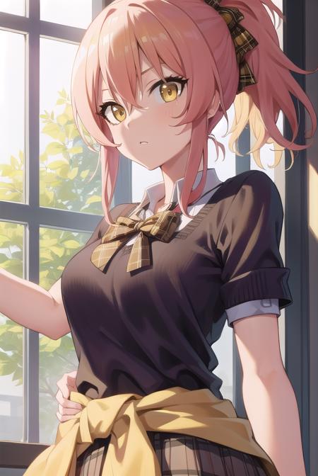 mikajougasaki, <lora:mikajougasakitest:1>, mika jougasaki, hair bow, long hair, pink hair, (yellow eyes:1.5), ponytail,
BREAK bow, clothes around waist, plaid, plaid skirt, school uniform, skirt, sweater, sweater around waist,,
BREAK looking at viewer,
BREAK classroom,
BREAK <lora:GoodHands-vanilla:1>, (masterpiece:1.2), best quality, high resolution, unity 8k wallpaper, (illustration:0.8), (beautiful detailed eyes:1.6), extremely detailed face, perfect lighting, extremely detailed CG, (perfect hands, perfect anatomy),