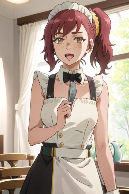 best quality, masterpiece, highres, solo, {maid:1.40}, {long maid dress:1.15}, {lily_lipman_birdiewinggolfgirlsstory:1.15}, red_hair, scrunchie, freckles, side_ponytail, brown_eyes, open_mouth, hair_ornament