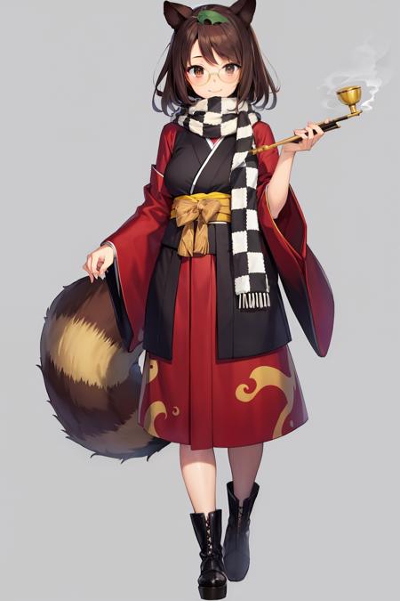 masterpiece, best quality, <lora:FutatsuiwaMamizou:1>,1girl, futatsuiwa mamizou, brown hair, tail, smoking pipe, animal ears, raccoon tail, scarf, leaf, raccoon ears, kiseru, brown eyes, glasses, solo, leaf on head, boots, smile, short hair, japanese clothes, smoke, pince-nez, skirt, blush, full body, looking at viewer, simple background, kimono