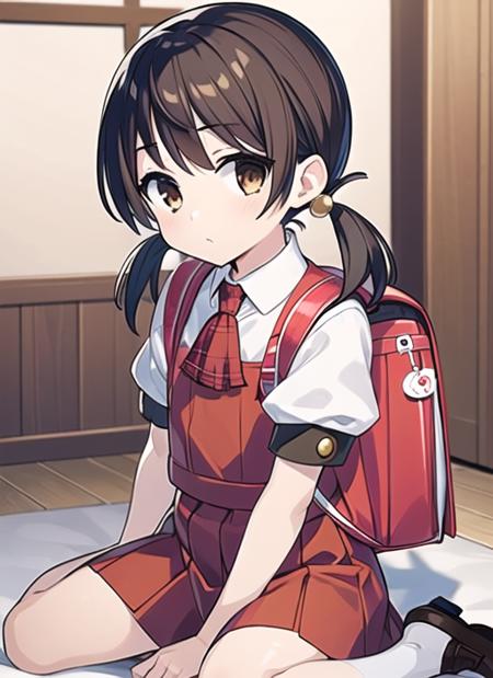 <lyco:kaai yuki:0.75>,masterpiece,best quality,
kaai yuki, 1girl, solo,brown eyes, low twintails,short twintails,looking at viewer,wariza, sitting, v,
hair ornament,white shirt, ascot, puffy short sleeves, red dress, collared shirt,backpack,
indoors,