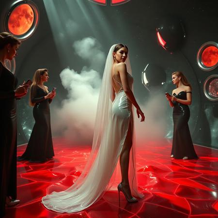 high-society elegant slender norvegian  rich   innocent young bride wearing   glossy silver high heels and glossy transparent slime  high slit wedding gown with matching long veil? surrounded by arrogant ladies wearing glamour glossy black evening gowns and glossy high heels, laying her in to  weird glossy red foil breeding  bed, eerie fog that wafts up from the fleshy jelly floor, encased in light beam from the chamber celling, awaiting her alien master, strugging to break free and escape, transparent crystal walls,  colossus observation portholes to outer space full of stars, bright red moon, vintage-inspired makeup, long hairs, ultra thin waist, evil grin, porcelain skin, lipstick, red nails, in the style of a haunting, retro-futuristic 1950s sci-fi nightmare, horror, alien space base,