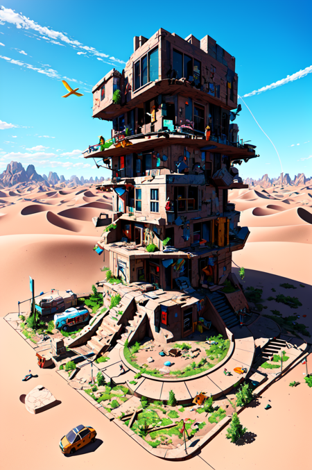 post apocalyptic microworlds isometric cutaway scenery landscape of a city on a desert road, postmodern concept art, artstation, 8k, octane render, vibrant colors, trending on deviantart