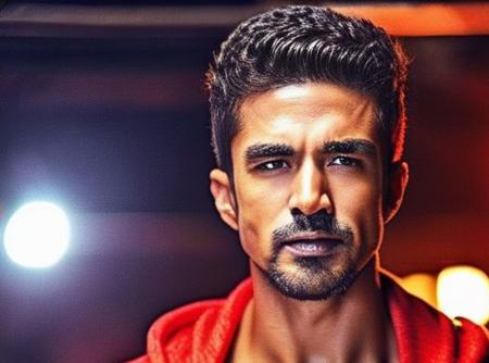 person a man <lora:saqib-saleem_Sendhil-Ramamurthy:1>, realistic photo in a worn (( red tracksuit, massive hairy pecs)), abs, big pecs, big arms, ((light bokeh)), intricate, (steel metal [rust]), elegant, exuding, sharp focus, photo by greg rutkowski, soft lighting, vibrant colors, (masterpiece), ((streets)), (detailed face), looking at viewer, light smile, night, walking towards viewer, cinematic lighting, beautiful lighting, cinematic lighting, (hazy filter, film grain:1.2)