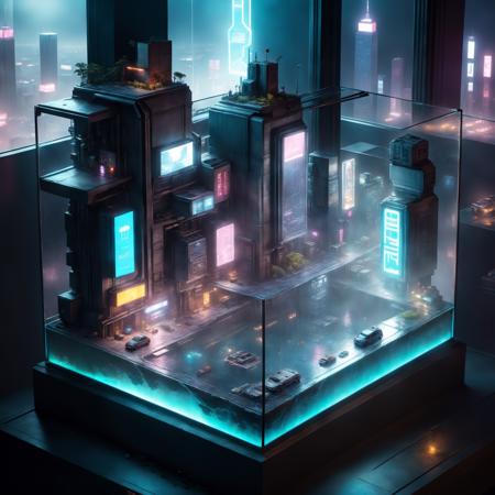 (8k, RAW photo, best quality, masterpiece:1.3), <lora:sdxl_loha_miniature2_v2-000060:0.75>, realistic, mini\(ttp\),miniature, isometric, landscape, a cyberpunk city in a glass tank,