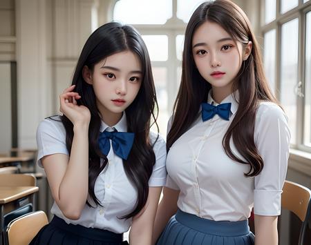 A photo of a teens, (18 years old), <lora:koreanDollLikeness:0.6>, ((2girls)), pretty face, young, ((wearing white formal shirt, blue skirt)), facing forward, student outfit, stockings, bow tie, at school hall, best quality, ultra high res, photorealistic:1.4, (waist-up photo), highly detailed, sharp focus, HDR, 8k resolution