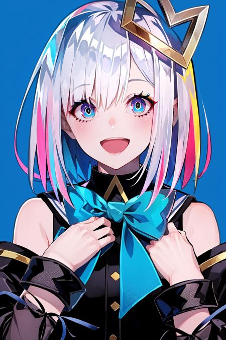 1girl, solo, amane kanata, star halo, virtual youtuber, multicolored hair, wings, halo, colored inner hair, open mouth, angel, feathered wings, angel wings, asymmetrical hair, blue hair, smile, looking at viewer, blue background, simple background, short hair, single hair intake, upper body, bow, armband, purple eyes, bob cut, long sleeves, streaked hair, sailor collar, blue bow, pink hair, multicolored eyes, hair over one eye, :d, white hair, white wings, bangs, blue eyes, hand on own chest, grey hair, jacket, bowtie, blush, gradient eyes, sleeves past wrists, teeth, blue bowtie <lora:SilvermoonMix14:1>