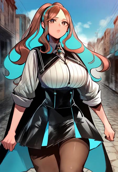 brown hair, long hair, blue hair, colored inner hair, ponytail, brown eyes, sidelocks, aqua hair, parted bangs black cape, brooch, collared shirt, white shirt, ribbed shirt, long sleeves, sleeves rolled up, high-waist skirt, black skirt, brown pantyhose