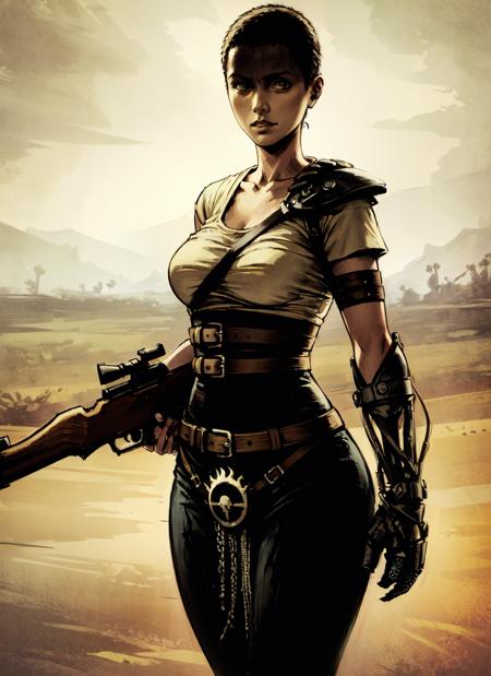 furiosaimp, 1girl, solo, single pauldron, single mechanical arm, shirt, belt, pants, gun, weapon over shoulder, rifle, holding gun, mature female, desert <lora:furiosaimp_V2-10:0.8>  in the style of <lora:Freaksoftheheartland_V01_(Style):0.8>