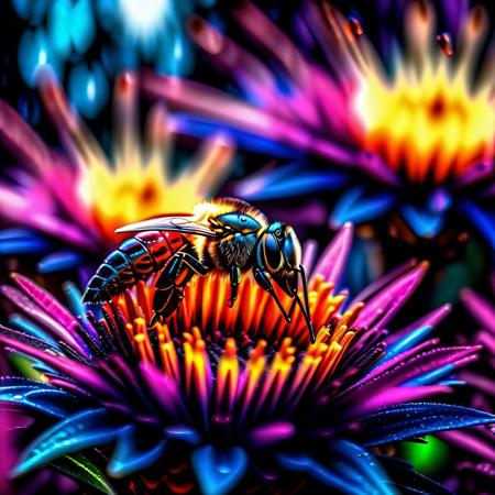 (RAW photo,  best quality),  (realistic,  photo-Realistic:1.3),  best quality,  masterpiece,  beautiful and aesthetic,  16K,  (HDR:1.4),  high contrast,  (vibrant color:1.4),  (muted colors,  dim colors,  soothing tones:0),  cinematic lighting,  ambient lighting,  sidelighting,  Exquisite details and textures,  cinematic shot,  (Bright and intense:1.2),  wide shot,  full image shot,  centralized "upper view",  around each honeycomb side other  similar contiguous unfocused,  no ONE BEE on image