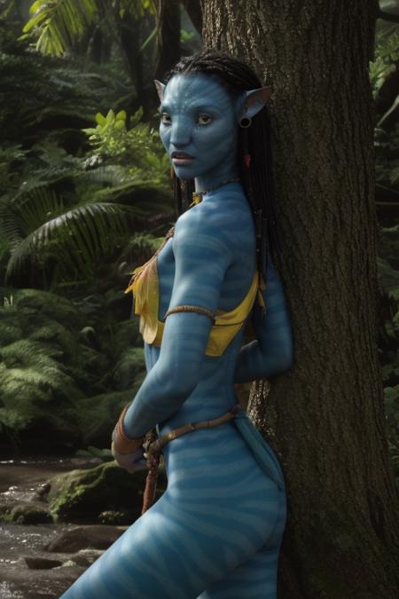 (masterpiece, best quality, high quality), (good body, good proportion, good anatomy, good fingers, good hands), <lyco:GoodHands-beta2:1> 1girl, blue skin, neytiri, avatar \(movie\), tribal, yellow eyes, loincloth, crop top, bracelet, jewelry, portrait <lora:Neytiri:0.7> <lora:DeviLora2:0.8>