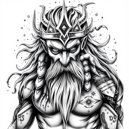 Nordic god galaxy dubble exposure, hyperrealistic tattoo design, black and grey, chicano style, full image, white background, no pencils, 4k resolution, super detailed, high quality, anatomically correct, sharp focus, high contrast, 1080P, HD, 16k,