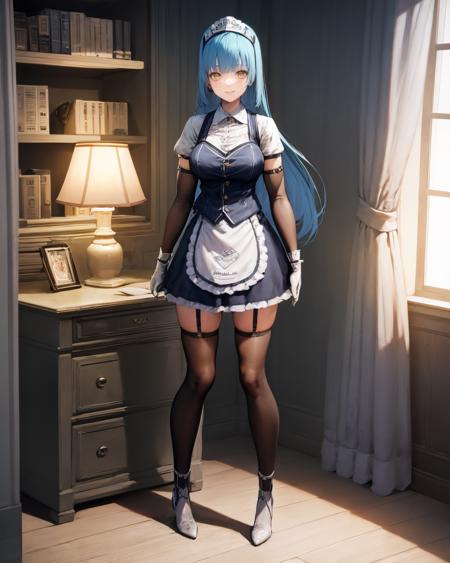 best quality, (masterpiece:1.2), illustration, absurdres, 
(1girl), (solo), (beautiful detailed girl), full body,
<lora:RisetteV2:1> Risette Twinings, yellow eyes, blue hair, long hair, blunt bangs, large breasts,maid, concierge, metal headpiece, headset,  yellow neckerchief, elbow gloves, white gloves, waist apron, garter straps, thighhighs, white boots,
smile, looking at viewer,
inside elegant bedroom, night, window, curtain, starry sky, lamp, bookcase, nightstand, vase, desk,