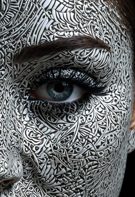 Woman, full face portrait, hyper realistic eye, abstraction, sculpted, shading, porcelain skin, bold, 3D, UHD, multidimensional, deep fractal, rocco etched shapes, skin, dark, close-up, intensity