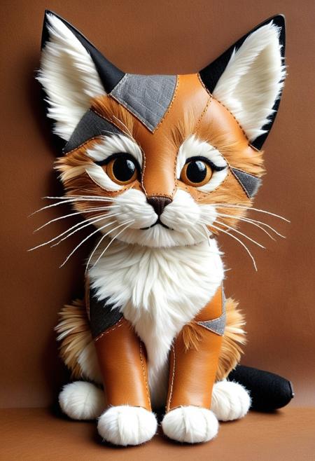 cs-l3ath3r, A high-resolution, mixed-media patchwork artwork of a joyful kitten, crafted from an intricate collage of leather and fur scraps. The artwork blends various textures, with soft fur patches forming the kitten’s fluffy ears, cheeks, and tail, while worn leather pieces shape its bright eyes, delicate nose, and tiny paws. The visible stitching adds a handcrafted, artisanal touch. The background consists of layered, earth-toned fabrics and subtle embossed patterns, enhancing the tactile, rustic aesthetic. The composition is warm and inviting, evoking a sense of craftsmanship and creativity.