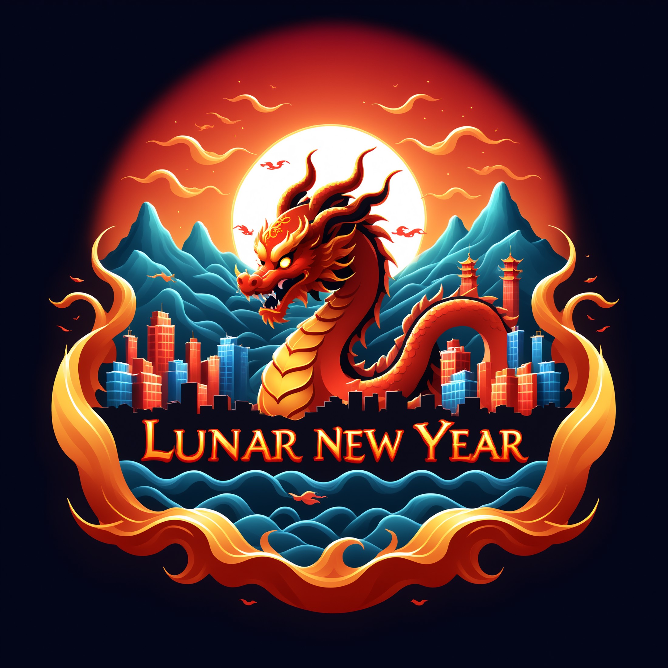 Lunar New Year text logo, wavy colors, simple, S1LK4RT Dragon, chinese cityscape, happy near year, vantablack background