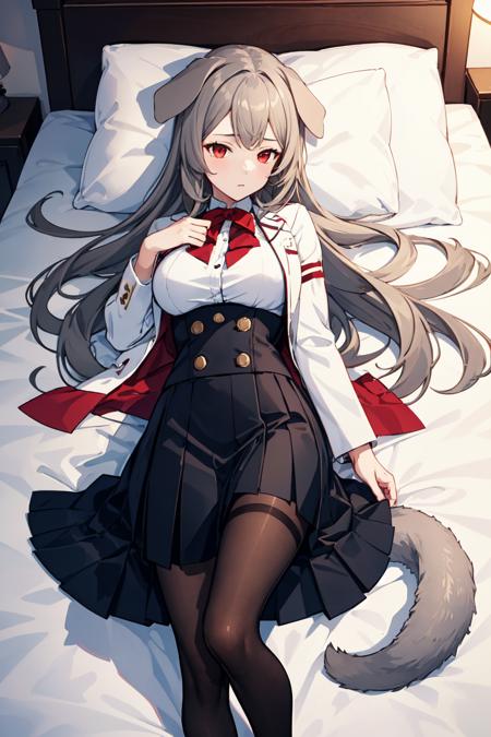 <lora:Pursena:0.4>, 1girl, Pursena, red eyes, dog ears, dog girl, dog tail, grey hair, white jacket, large breasts, black legwear, pantyhose, pleated skirt, (lying on back), expressionless, bedroom, on bed, from above