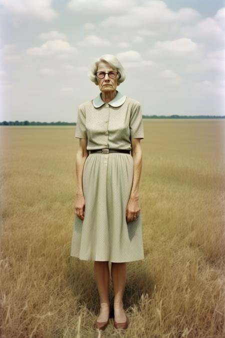 <lora:Alec Soth style:1>Alec Soth style - 1960s style fashion lonely old woman IN SHORT DRESS in a field photographic realistic