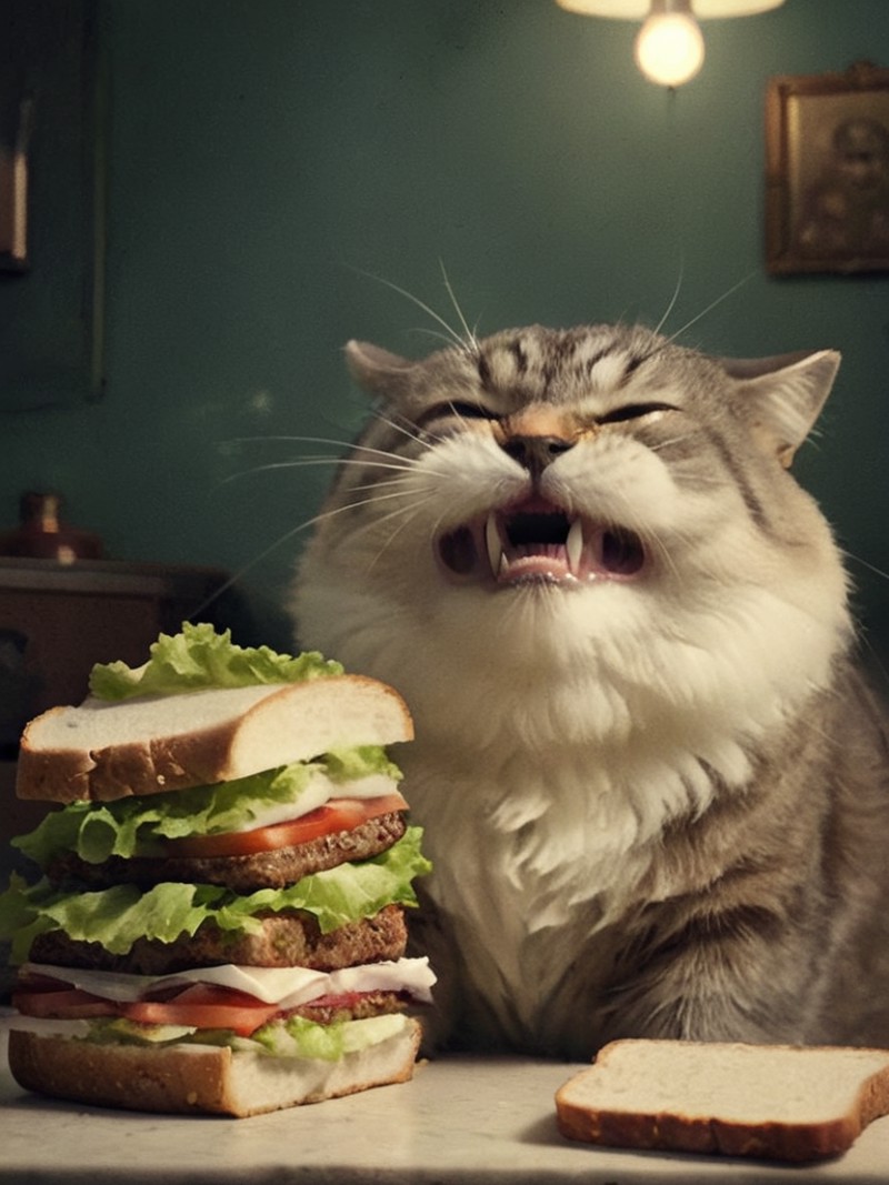 brdanmu, depiction of a fat old [cat|human] (feline:-0.1) with an epic beard and mustache which is holding a sandwich is p...