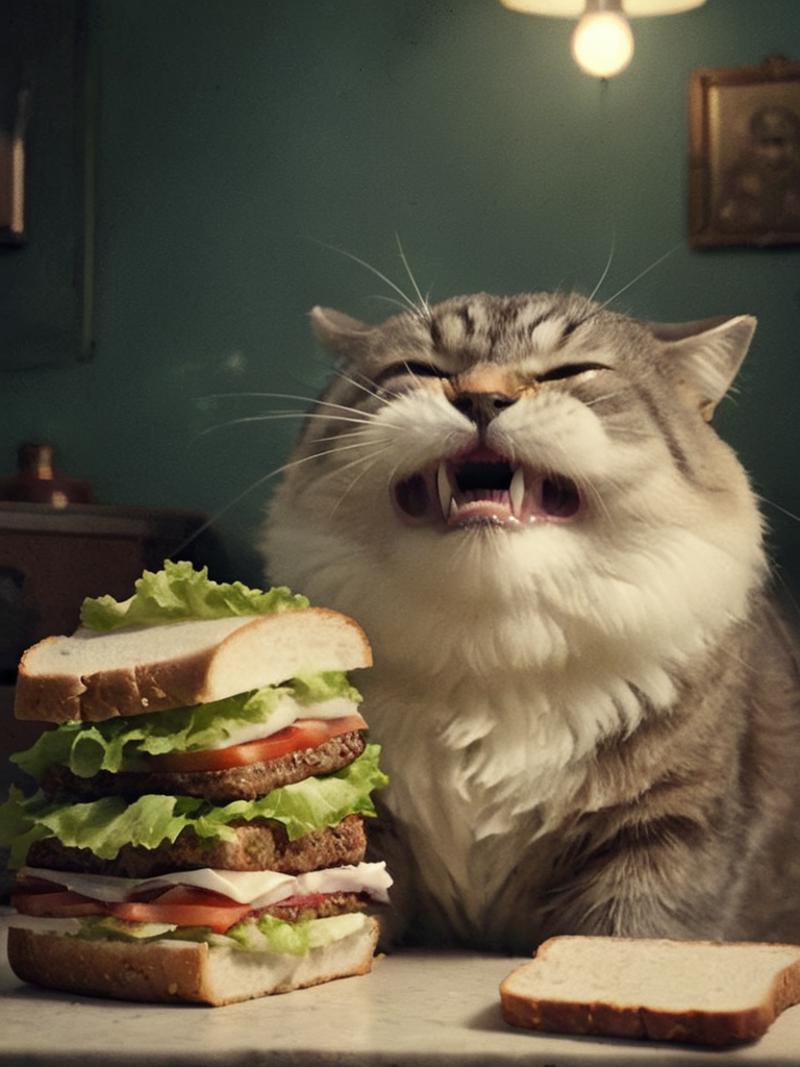 A cat with an open mouth is sitting next to a very large sandwich that is cut into four parts. The cat appears to be making a funny face and looking at the sandwich with a surprised expression.