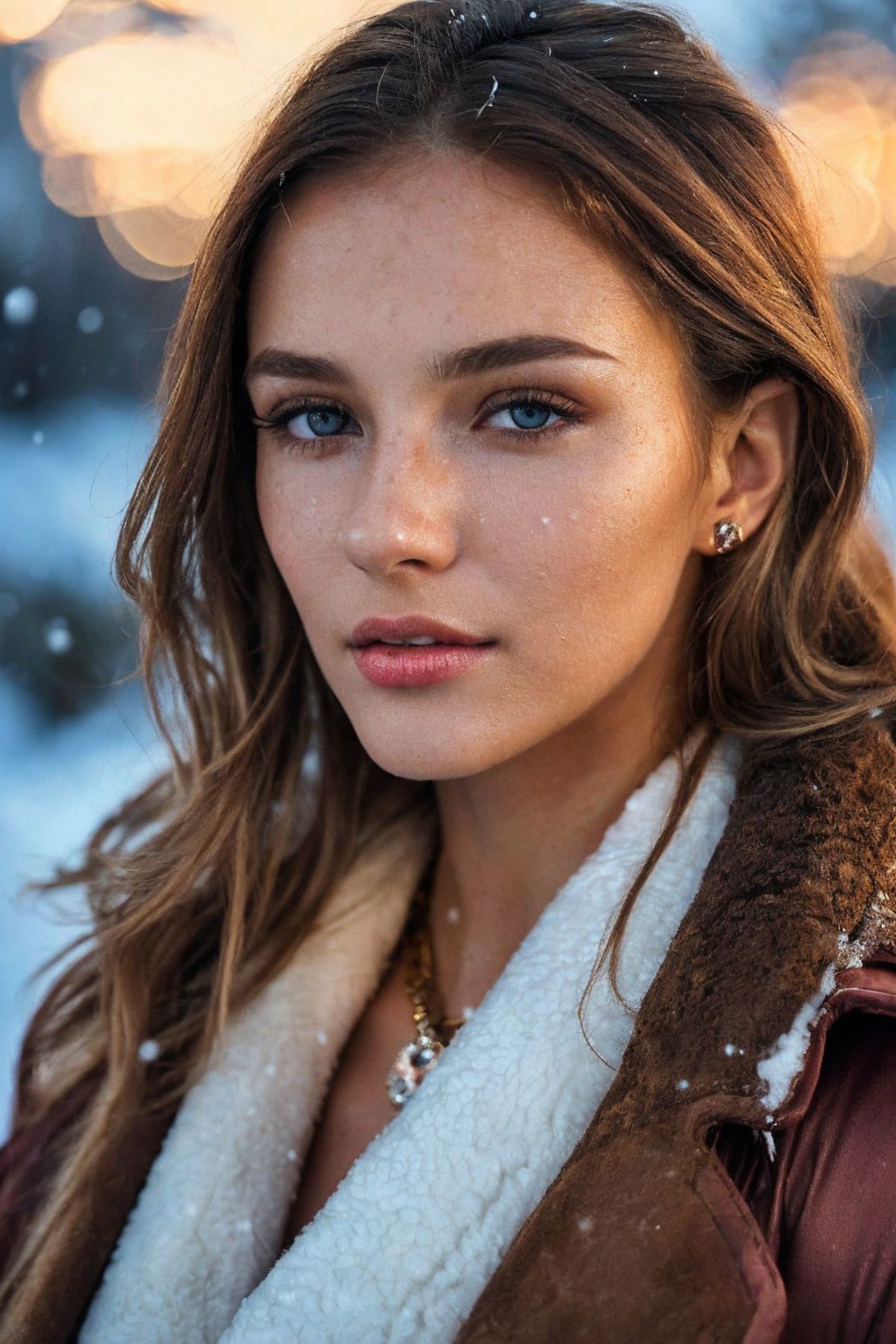 A young woman with blue eyes wearing a brown coat, gold necklace, and earrings.