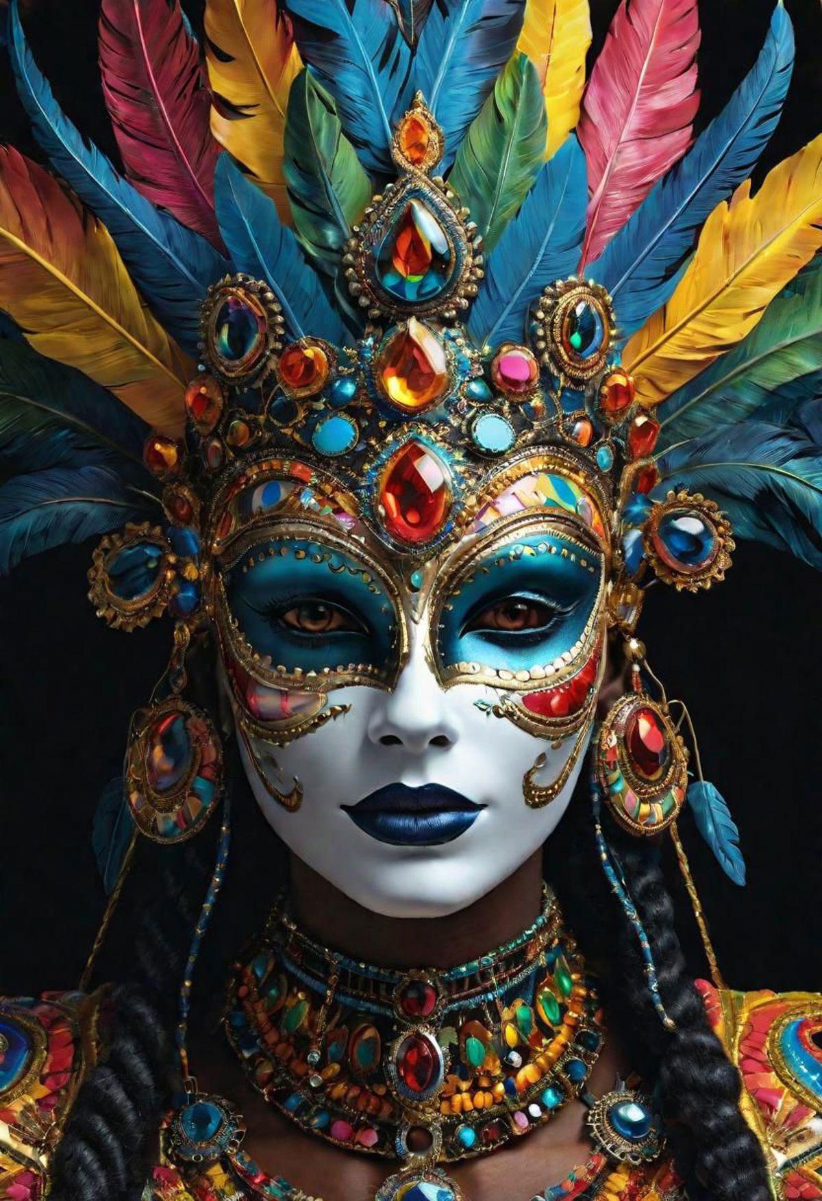 Colorful Masked Face with Blue Eye Shadow and Feather Headdress