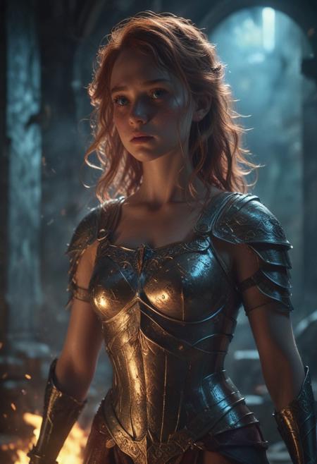 High resolution ultra-realistic of Beautiful Warrior Sadie Sink as Joan of Arc, 8k, capturing the intensity of the moment, cinematic lighting, standing on a bloody and stormy battlefield in bloody battle, wavy red hair, realistic dirty pale face, realistic blue eyes,  beautiful hourglass figure, burning in a medieval Town, intricately designed iron and silver armor, Dark Ages Aesthetic, perfect athletic figure, beautiful Warrior Joan of Arc, fire, ultra realistic, cinematic style, vigorous and seductive, athletic figure, dark fantasy, dramatic lighting, wet and sweaty skin, dirty skin, athletic figure, dark fantasy, dramatic lighting, Greg Rutkowski style,, Warrior Joan of Arc on in iron armor, hyper-detailed, hyper-realistic, bright colours, Attractive 21 old years girl, Attractive, beautiful firm Breasts, sharp focus, digital painting, Photograph Taken on Nikon D750, Alphonse Mucha, 8K, athletic figure, Hyperdetailed, hyperrealism, Attractive, Attractive bust girl, asymmetric balance