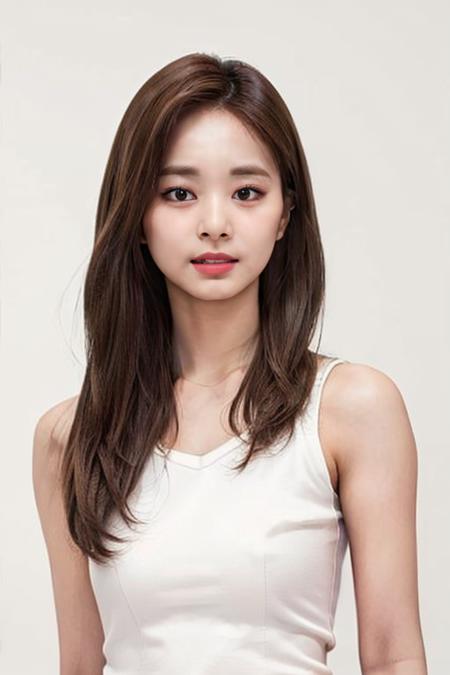 (masterpiece,best quality,realistic:1.3),1girl,solo,upper_body,sleeveless_shirt,bare_shoulders,(white_background,simple_background:1.3),tzuyu, <lora:tzuyu_nv:0.7>