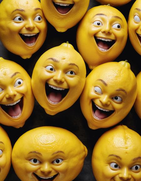 A bunch of happy lemons with realistic human face, weird like wtf,  eerie, <lora:add-detail-xl:1.2>