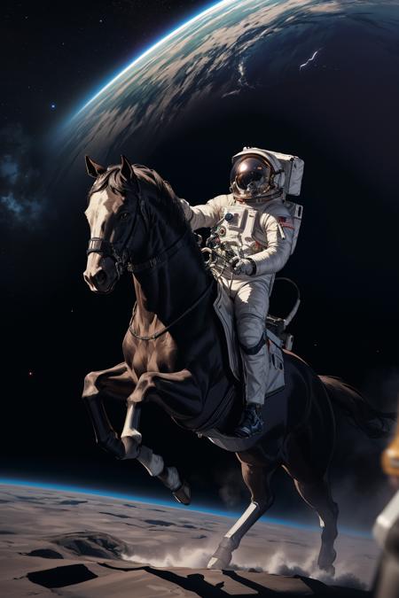 a photograph of a astronaut in spacesuit,  charging forward on a 4-legged_horse, gallop, 4k, front view, dynamic angle, cinematic movie poster,