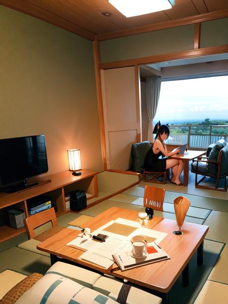 masterpiece, best quality, ultra-detailed, illustration,
1girl, glasses, white sundress, straw hat, hair ribbon, 
ryokan, table, chair, scenery, indoors, window, book, day, sky, television, desk, 
 <lora:ryokan:1>