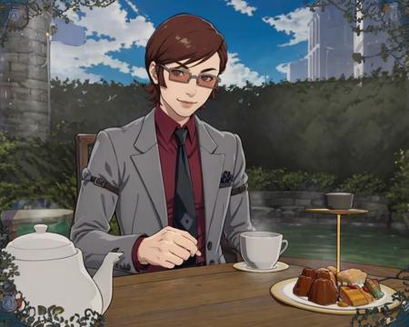 masterpiece, best quality, solo, smile, 1boy, looking at viewer,   <lora:Katsuya_Fp:1>, katsuyap2, glasses, necktie, grey suit, formal,   <lora:Teatime-concept_Fp:0.8>, cup, table, food, teapot, outdoors, sitting, sky