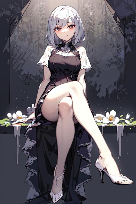 masterpiece,best quality,1girl, <lora:TianHuo:0.6>,dress,sitting,smile,white hair, flowers,crossed legs, high heels,