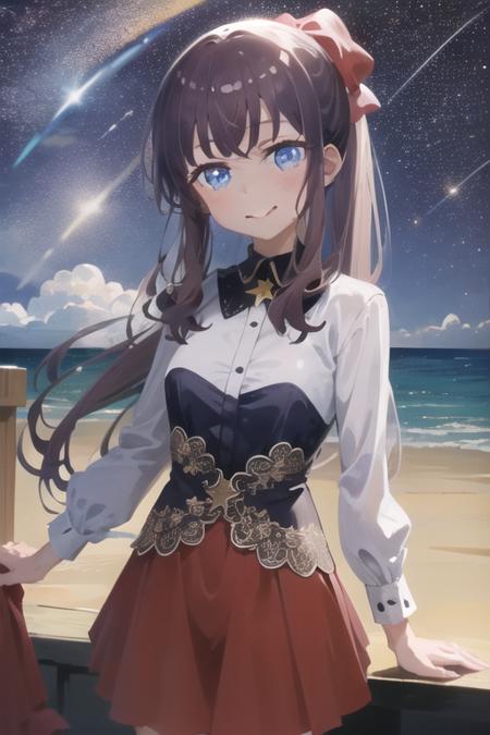 <lora:hifumi-000002:1>,((masterpiece,best quality, detailed)), cowboy shot, (1girl:1.2), solo, (seductive smile:1.3), breasts, standing, looking at viewer, (sea:1.3),(starry sky:1.3) ,  <lora:pastelMixStylizedAnime_pastelMixLoraVersion:1>