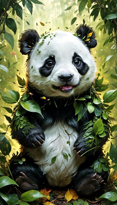 stunning image of a cute adorable wacky baby panda covered in leafs and foliage, moody, grainy, noisy, concept art, by Alberto Seveso, Cyril Rolando, Dan Mumford, Meaningful Visual Art, Detailed Painting, Digital Illustration, Unreal Engine 5, 32k maximalist, hyperdetailed fantasy art, 3d digital art, sharp focus, masterpiece, fine art,
 <lora:add-detail-xl:1>,
 <lora:xl_more_art-full_v1:1>