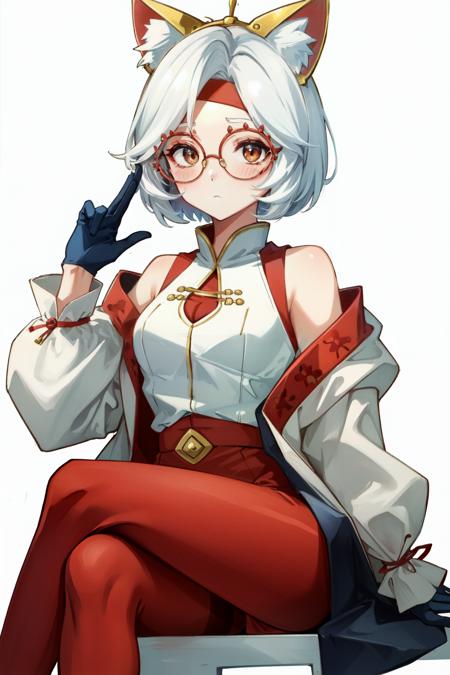 <lora:purah:0.7> purah, sitting, hair stick, white hair, short hair, blush, long sleeves, crossed legs, solo, looking at viewer, white shirt, 1girl, glasses, simple background, red pantyhose, pantyhose, puffy sleeves, gloves, white background, brown eyes, red-framed eyewear,cat ears, animal ears ,animal ear fluff,