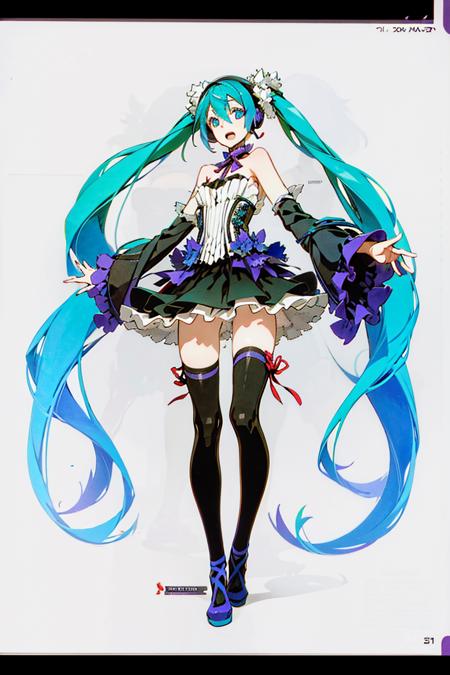 masterpiece,best quality,official art,extremely detailed CG unity 8k wallpaper,((white background)), 
1girl, aqua_eyes, aqua_hair, artist_name, dated, dress, frills, full_body, hatsune_miku, headphones, letterboxed, long_hair, looking_at_viewer, open_mouth, red_footwear, ribbon, skirt, solo, standing, thighhighs, twintails, very_long_hair