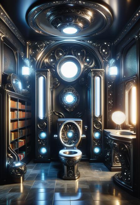 hyper detailed masterpiece, dynamic, awesome quality, DonMSt33lM4g1cXL library/reading room, television,hairdryer,nanotechnology devices,toilet paper,shelves, ceramic tiles,andesite stone, wall sconces, black lights, teslapunk, made of steel, shiny  <lora:DonMSt33lM4g1cXL-v1.1-000008:1>