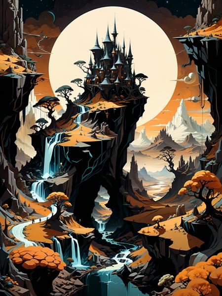 by Brian Froud and Petros Afshar, hyper realistic medium full shot photo of  a (otherworldly landscape:1.4),  (exquisite , elegant , masterful:1.4), poster art, bold lines, hyper detailed, award winning,  dark limited color palette, high contrast, depth of field, (intricate details, masterpiece, best quality:1.4), underlighting, dynamic pose, wide angle panoramic view, <lora:add-detail-xl:0.5> <lora:xl_more_art-full_v1:0.5>