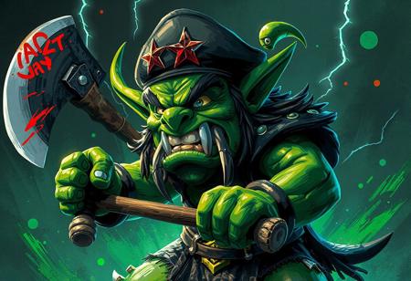 A detailed, a Recycle-ork , a unique orc in a black beret with a red star, wielding an axe. Set in the Toon World, this 1988-inspired masterpiece boasts a striking green and black color scheme, harmonious splashes of vivid color, and a dynamic action pose. Enhanced with warp lightning, sharp lines, and brush strokes, this high-res, 4K artwork is a blend of contemporary aesthetics, Raphael style, and Houdini techniques, embodying a powerful message through vivid emotions, intentional focus, and breathtaking, hyperrealistic details. Found on ffffound, created by Mark Miner, and showcased on ArtstationHQ, this masterpiece embodies the Golden Ratio.
