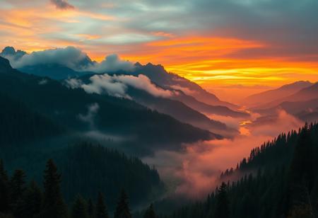 mist, mountains, rivers and forests, a wide vista, medieval, D&D, real photo, 4k, high contrast, vibrant colours, movie still, sunset, rich colours, mountain view