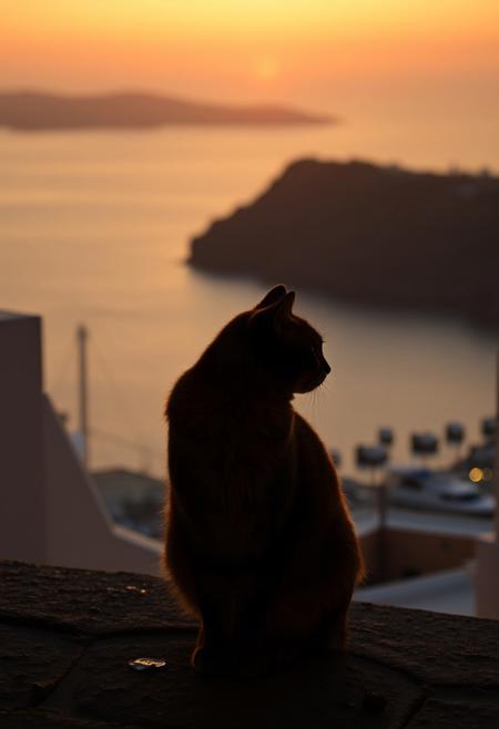 (Soft Lighting Photography by Mimoza Veliu and Mario Giacomelli:1.2), NSFW, Cinematic photography. A photo-realistic shoot of a cat on a street in a seaside town, overlooking a harbour and the ocean, sunset, silhouetted, chiascuro, Santorini