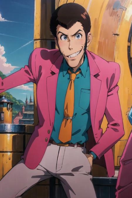 Lupin green jacket, yellow tie, black shirt red jacket, yellow tie, blue shirt pink jacket, orange tie, green shirt blue jacket, red tie, black shirt