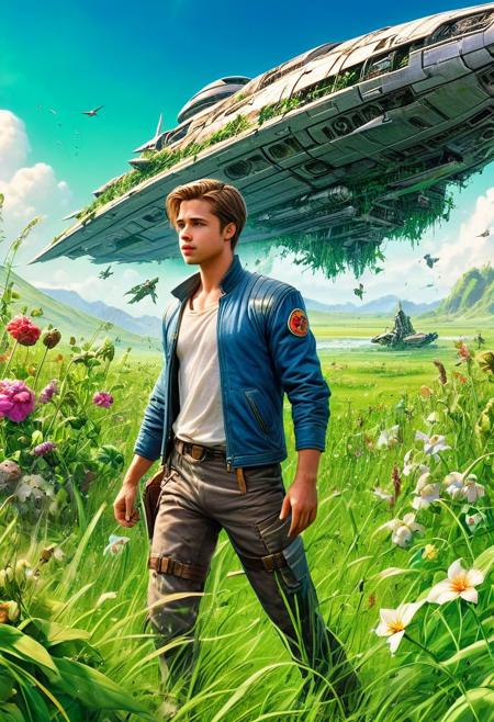 CoverArt, a beautiful gorgeous Young Brad Pitt as an RPG character, 
Break, 
as a background a huge spaceship (long abandoned) sunken into a rich green grassland, covered in plants, flowers, sharp focus, high detailed, realistic, day, colorful, blue sky, RPG Cover Art