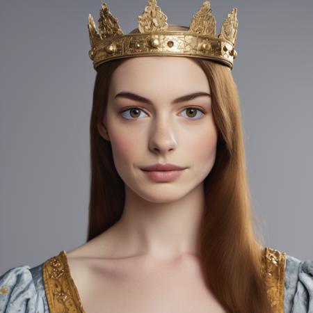 High quality portrait photo of a beautiful young actress dressed as a medieval queen, Nikon Z9, skin texture visible, (sharp focus), (high quality), facing forward