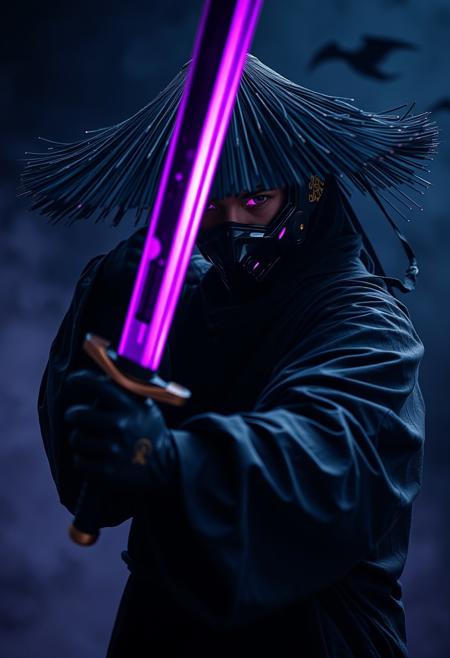 Craft a captivating vibrant dark black neon photo capturing the essence of a cyborg sorcerer in fight stance, oversized sedge  hat. ethereal, smoky backdrop. throwing a translucent purple/black/gold, weapon, katana, 